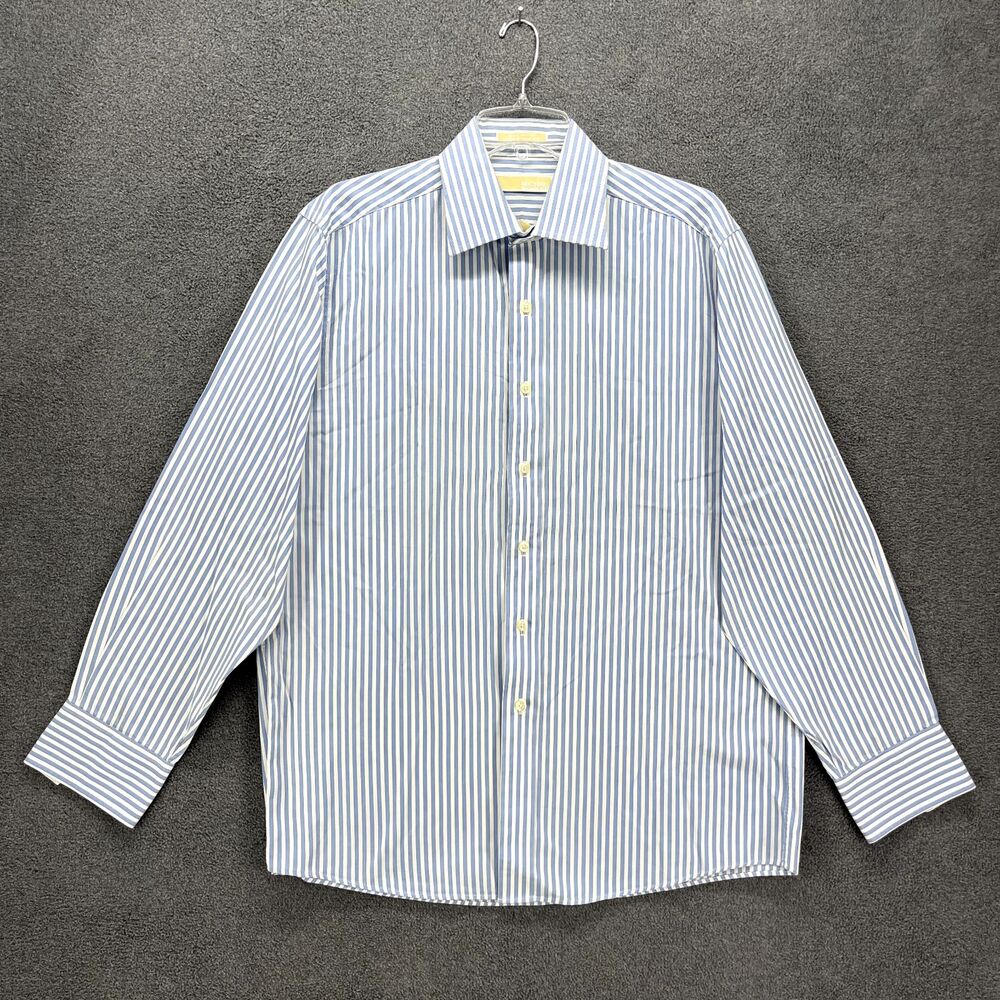 Michael Kors Shirt Mens Large 16 34/35 Blue Button Up Striped Long Sleeves